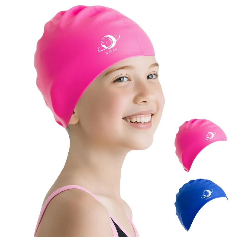 Xcdhemde Badekappe Mädchen, Badekappe Kinder, Badehaube Kinder Silikon, Bademütze Wasserdicht, Anti-Rutsch Schwimmhaube, Bequem und Weich Schwimmkappe für Jungen und Mädchen (Rosa)