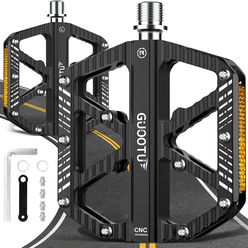 GUOOTU Deutsche professionelle Fahrradpedale, CNC Aluminium MTB Pedale Leichtgewichts, 3 Abgedichtete Lager, Antirutsch für Mountainbike,Stadtrad,Rennrad, BMX, E-Bike (Schwarz)