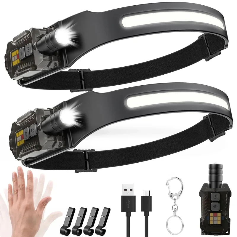 Stirnlampe LED Wiederaufladbar,2000 Lumens 230° Weitwinkel Zoombare Kopflampe mit Sensor,9 Lichtmodi mit UV Lampe,Abnehmbare magnetische Leichtgewichtig Stirnlampen,für Camping,Joggen,Wandern,Angeln