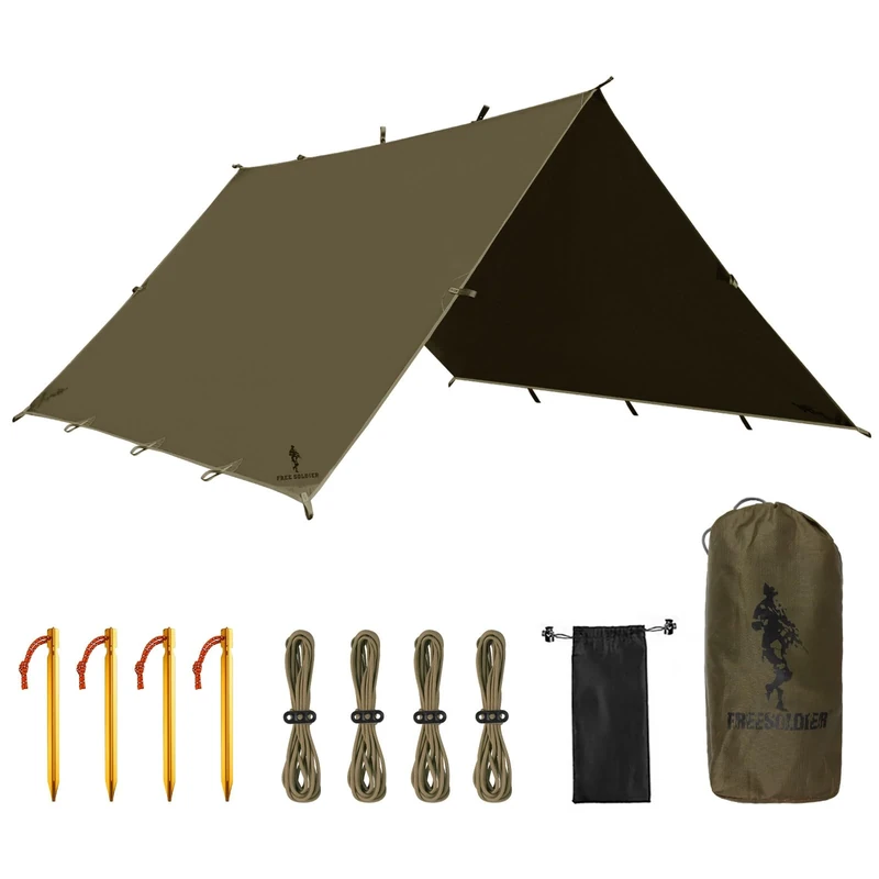 FREE SOLDIER Tarp Wasserdicht 3 * 3m Ultraleicht Zeltplanen UV Schutz Camping Sonnensegel Zelt Freien Große-Tarp für Camping, Wandern, Outdoor-Aktivitäten(Olivgrün)