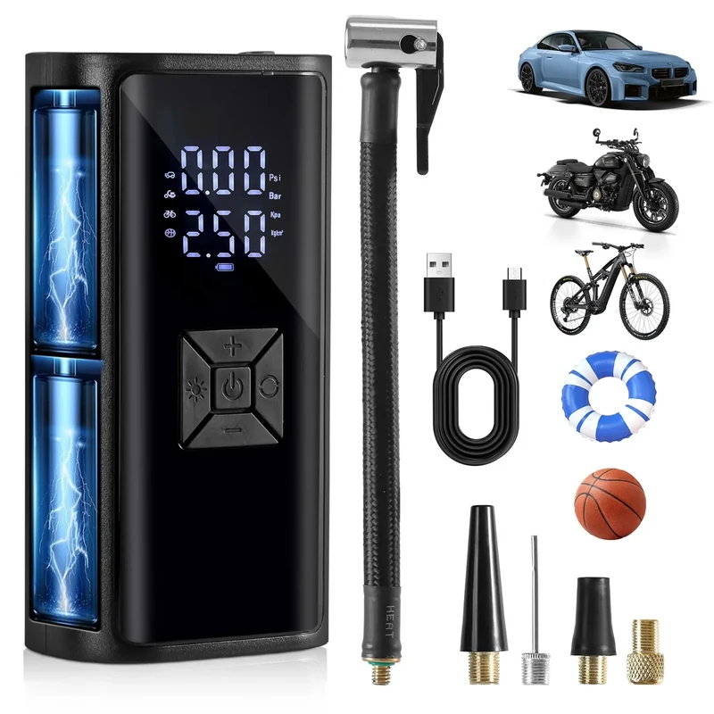 Tragbare Akku Elektrische Luftpumpe Fahrrad - Hofeny Druckluftpumpe Luftkompressor Akkudruckluftpumpe, Mobile Fahrradpumpe Kompressor Mini Accu Pumpe mit LED Licht, geeignet für Auto & Motorrad