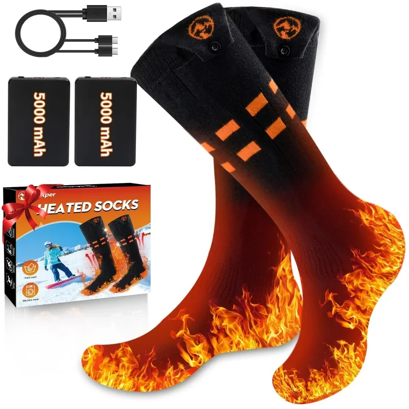 Multper Beheizbare Socken Damen Herren, 5V 5000mAh Wiederaufladbare Heizsocken, 3 Heizstufen Beheizte Socken, Bis zu 65℃ Fußwärmer Warme Socken für Outdoor Skifahren Radfahren Winter Camping Wandern
