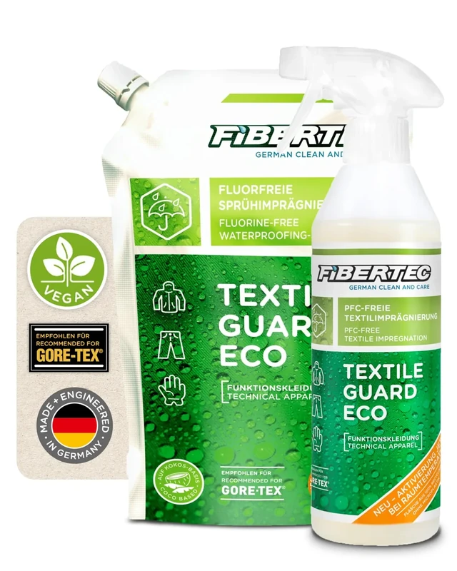 FIBERTEC Textile Guard Eco RT 100% PFAS-freie Imprägnierung 500ml & Nachfüllbeutel - Imprägnierspray für Jacken und weitere Outdoorbekleidung, Wetterschutz Made in Germany
