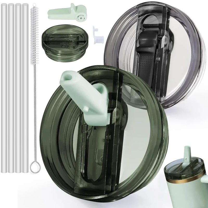 2 Stück Stanley Cup Deckel 40oz,Stanley Deckel Auslaufsicher,Auslaufsicherer Ersatzdeckel mit 4 Trinkhalmen and 1 Strohhalm Bürste,Ersatzdeckel für Stanley Cup Zubeahör