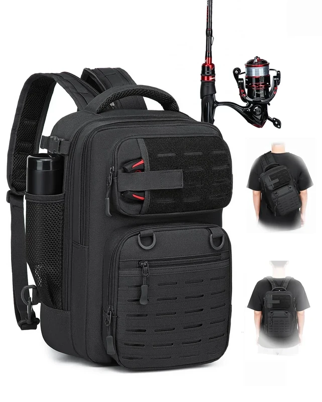 BlesMaller 2 in 1 Angelrucksack mit Rutenhalter kleine Angeltasche 25L taktische Angeln Schultertasche militär Rucksack für Angeln Wandern (23x20x37cm) Schwarz