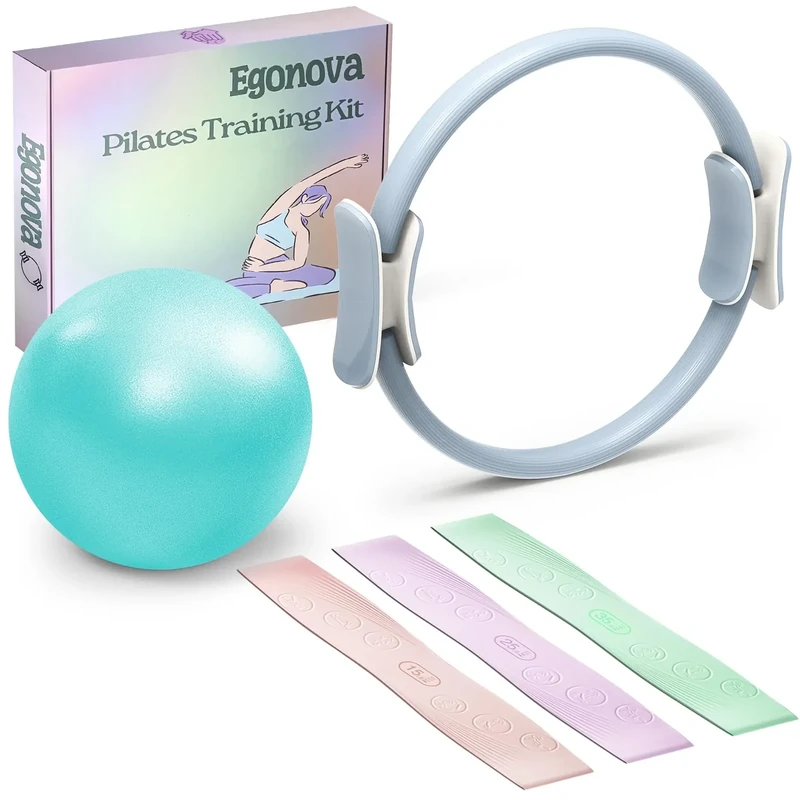 EgoNova Pilates Ring Set14 Zoll Magic Circle mit Dual Padded Handles, Pilates Mini Ball und Resistance Bands (15, 25, 15.9 kg) für Kraft, Flexibilität, Stabilität und Körperstraffung (Blau)