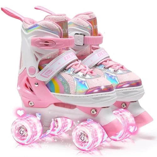 OLYSPM Rollschuhe Kinder Verstellbar Rollschuhe Damen,LED Rollschuhe und 4 Größen verstellbar,mit Aufbewahrungstasche für Mädchen,Jungen und Anfänger(BlassRosa,XS)