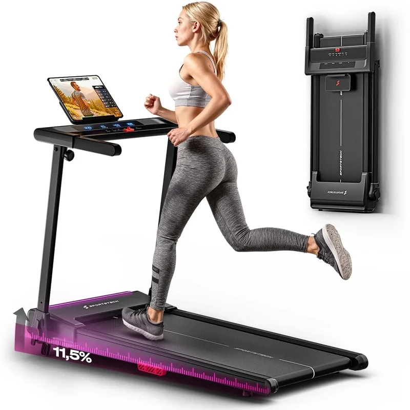 Sportstech Laufband für Zuhause, Laufband klappbar, Treadmill bis 12 km/h, max. 120kg, Tablethalterung, Deutsche Qualitätsmarke, mit 11,5% Steigung, Bluetooth App kompatibel, LED, sProRun