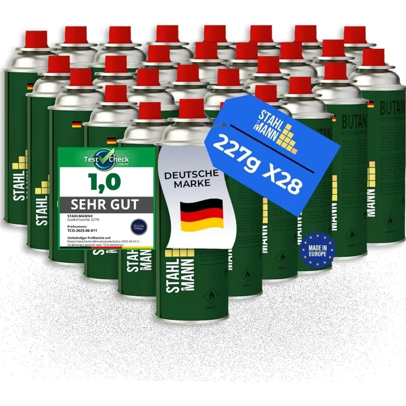 STAHLMANN® 28x Gaskartuschen 227g [Made in EU] – Butangas Kartusche mit MSF-1a Ventil für Campingkocher, Grill, Gaskocher, Gasheizung,Unkrautbren – Gaskartuschen