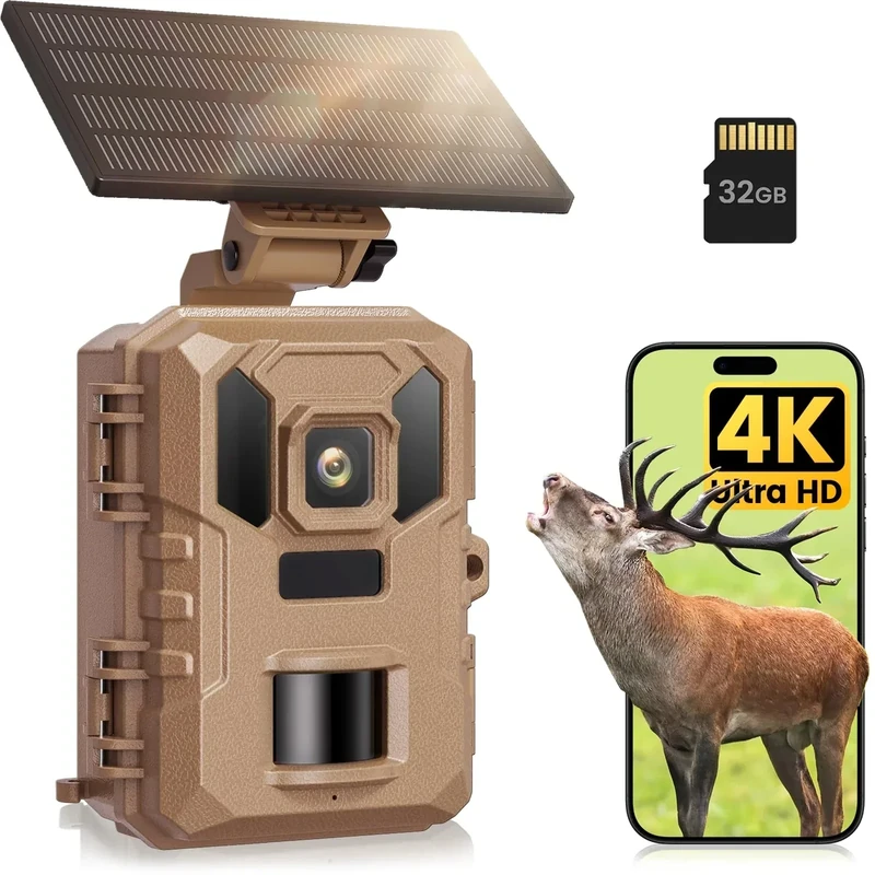VIDVIS 4K WLAN Wildkamera mit Handyübertragung App, 64MP Wildtierkamera mit Nachtsicht Bewegungsmelder, Solar-Wild Kamera mit 850nm Infrarot-LED, 0,2s Auslösung, 32GB SD-Karte, IP66 Wasserdicht（UK）