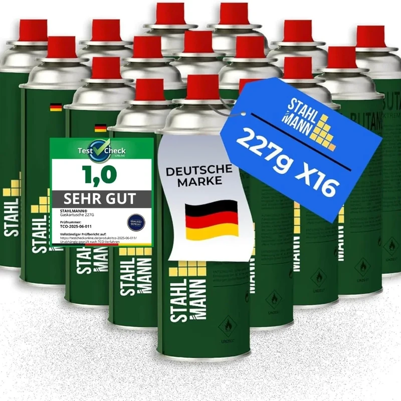 STAHLMANN® Gaskartuschen 227g [Made in EU] – Butangas Kartusche mit MSF-1a Ventil für Campingkocher, Grill, Gaskocher, Gasheizung,Unkrautbren – Gaskartuschen (16x 227g)