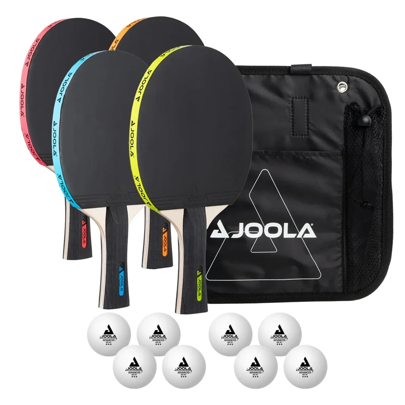JOOLA Tischtennis Set, Tischtennis-Set mit 4 Tischtennisschlägern, Tischtennisbällen und Tragetasche (NEON)