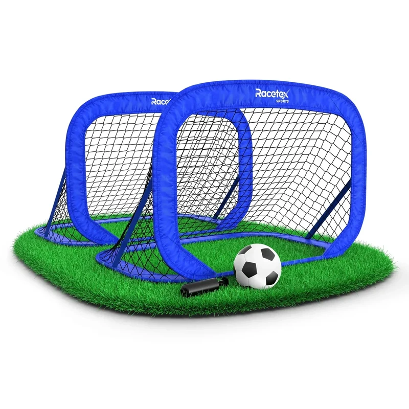 Racetex Fussballtore für Garten Kinder – 2er Set mit verstärkten Glasfaserstangen – Fußballtor Kindern inkl. Ball, Pumpe, Erdanker und Tasche zum Transportieren – Tore Fußball Kinder (Blau)