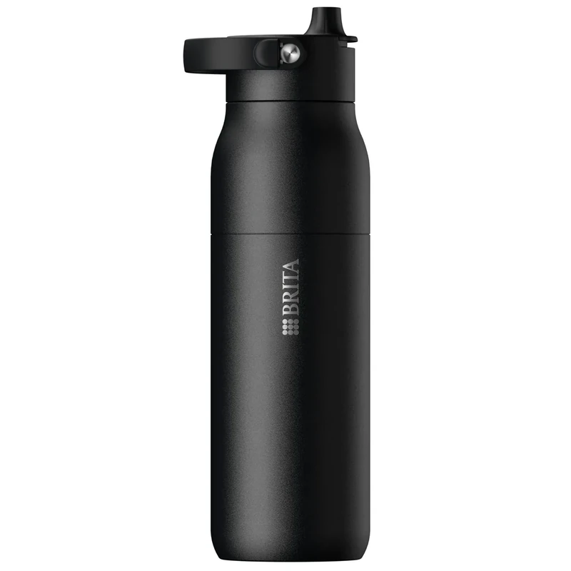 BRITA LARQ Essential Trinkflasche mit Strohhalm (1L) schwarz - Edelstahl Wasser-Flasche, doppelwandige Isolierung (24h kalt), mit abnehmbarem Soft-Touch Henkel, spülmaschinengeeignet