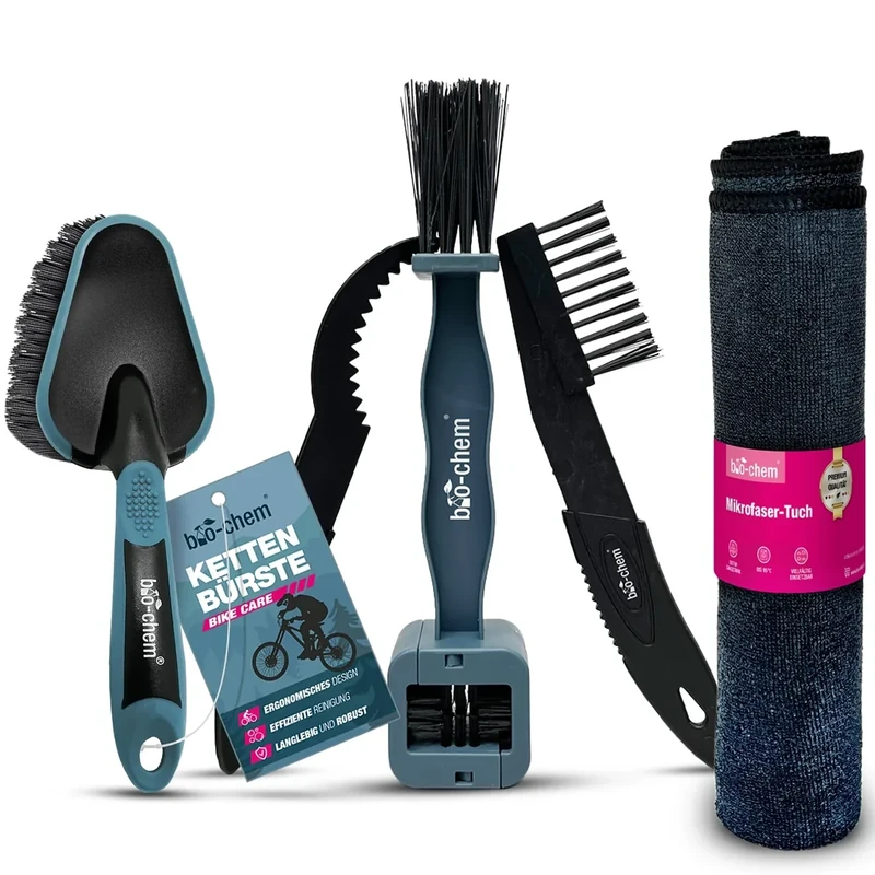 bio-chem Fahrradzubehör-Set 5-teilig – Kettenbürsten-Set inkl. Mikrofasertuch für Fahrradreinigung – ideal für MTB, E-Bike, Rennrad – für Antrieb, Kassette, Schaltung & empfindliche Teile