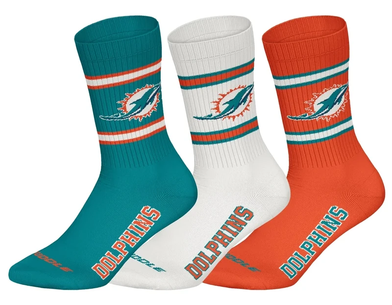 NFL Unisex Miami Dolphins 3pk Crew Socks, Teal-White-Oranje, 39-42 EU