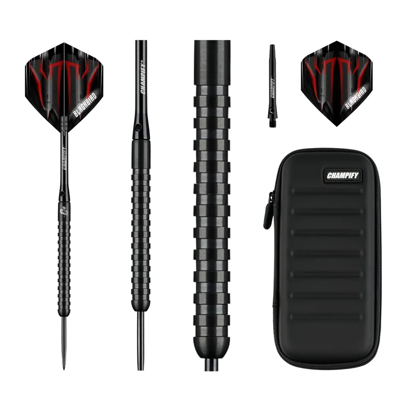 Champify NEU 90% Tungsten Darts Set “Blackbird” mit 23g Barrel und schwarzer Darttasche | 3 Steeldarts mit 9 Alu-Schäften & 9 Flights| Dart Set mit Zubehör | Dartpfeile mit Metallspitze