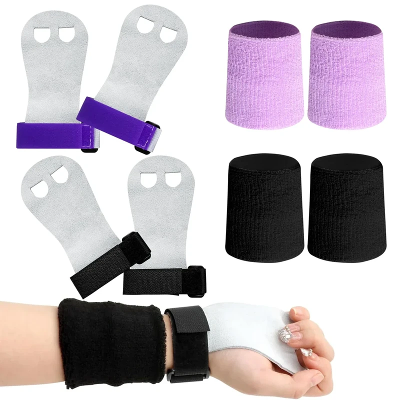 ZYNERY 2 Paar Turnen Griffpads mit 2 Paar Armbändern für Kinder, Gymnastikgriffe, Gewichtheben Gymnastik Sport Fitness Hand- und Handgelenkschützer Set für Mädchen Jungen Teenager (Schwarz + Lila)