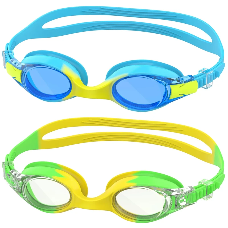 Ambienden 2 Pcs Taucherbrille Kinder, High Definition Anti-Fog, UV-Schutz Schwimmbrille Kinder mit Quick Adjust Strap, Silikon-Dichtung, Unisex mit Kleinem Rahmen Kinder 3-14 jahre, Blau＆Gelb