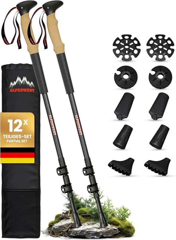 ALPENWERT - Wanderstöcke [Carbon & Aluminium] Walking Stöcke für Damen und Herren - Teleskop Trekkingstöcke mit Korkgriff zum Wandern, Nordic Walking und Skitouren (Ultraleicht-Carbon)