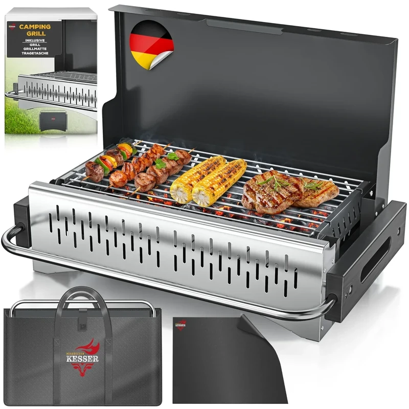 KESSER® Klappgrill tragbarer Camping Grill | Holzkohlegrill aus pulverbeschichtetem Stahl inklusive Grillrost, Grillmatte & Tragetasche | Faltbar BBQ ideal für Camping, Picknick & Angeln