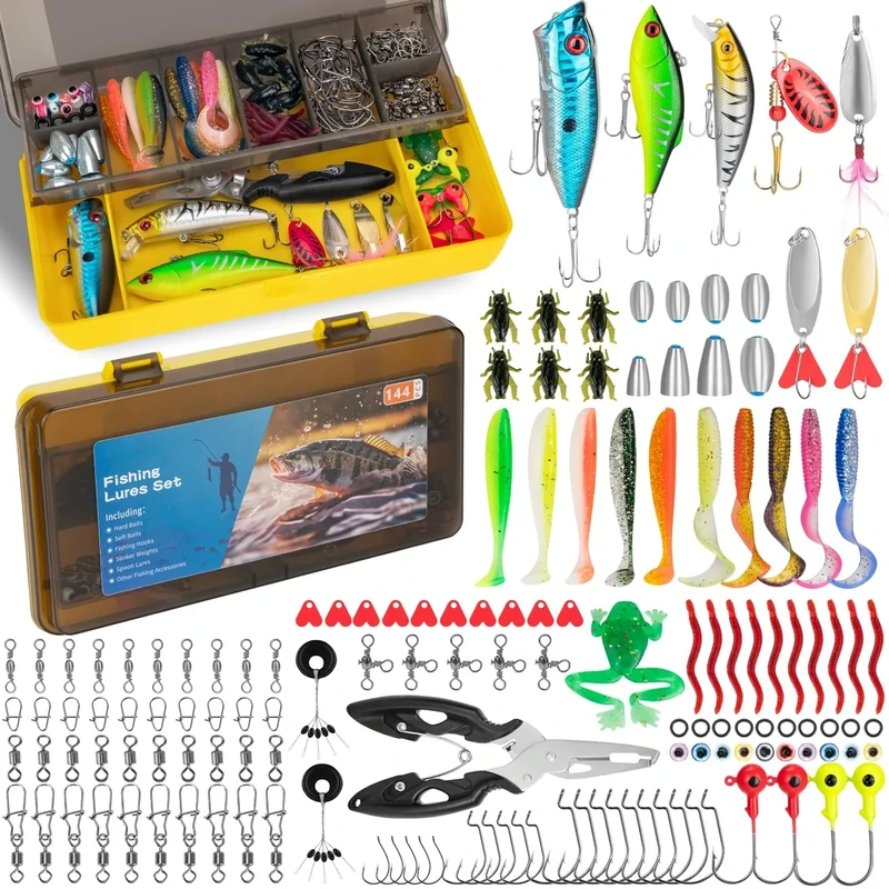 RISEMART144 PCS Angeln Köder Set mit Köderbox - Wobbler, Löffelblinker, Spinner, Jigs, Haken & Zubehör für Süß- & Salzwasser