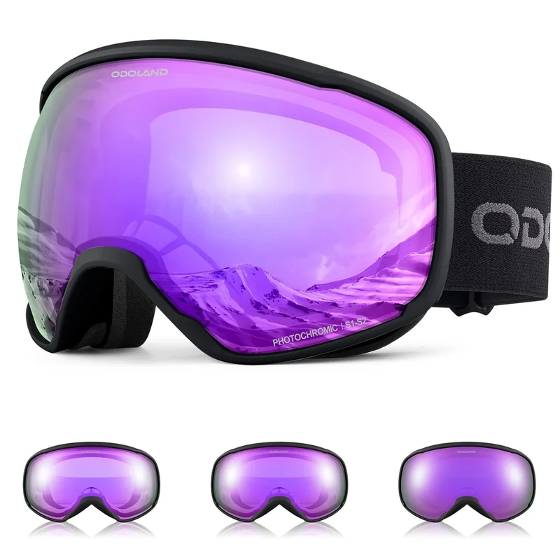 Odoland Skibrille Photochrome für sonnige und bewölkte Tage, Anti-Nebel Snowboard Brille Ski Goggles UV-Schutz für Herren Damen Selbsttönend Schneebrille