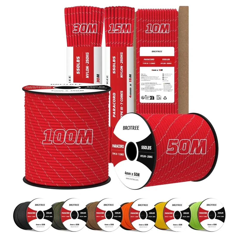 Brotree Paracord 550 4mm 10M 100% Nylon Seil Schnur Typ III mit 7 Stränge für Survival, Outdoor, Armbänder, Hundeleine - Bruchlast 250kg (Reflektierende Rot)