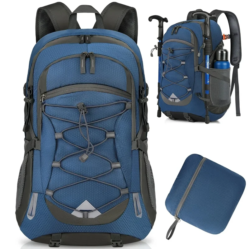 IGOLUMON Wanderrucksack Herren Damen 40L Wasserdichter Rucksack Leicht Faltbarer Reiserucksack Trekkingrucksack mit Reflexstreifen Für Radfahren, Klettern, Bergsteigen und Reisen Sport (Marineblau)