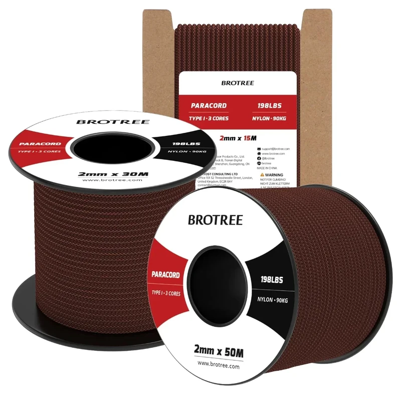 Brotree Paracord 2mm 30M 100% Nylon Seil mit 3 Kern Schnur für Outdoor, Armband, Hundeleine - Bruchlast 90kg (Schokoladenbraun)