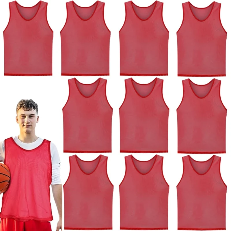 10er Set Fußball Leibchen für Erwachsene,Trainingsleibchen,70*62 cm,ohne Logo,Team-Spiel Bibs,Unisex-Designs Jugend Spiel Sport Fussballtraining Zubehör,Westen fürs Teamtraining,Höhe:170-200cm (Rot) - Image 1