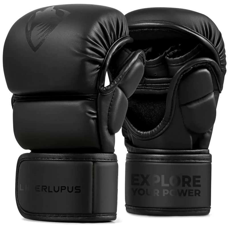 LIBERLUPUS MMA Handschuhe Sparring– Offene Handfläche für Sandsackhandschuhe, Kickboxen, Boxsack Training – Strapazierfähiges Kunstleder mit Handgelenkstütze (schwarz, S-M)