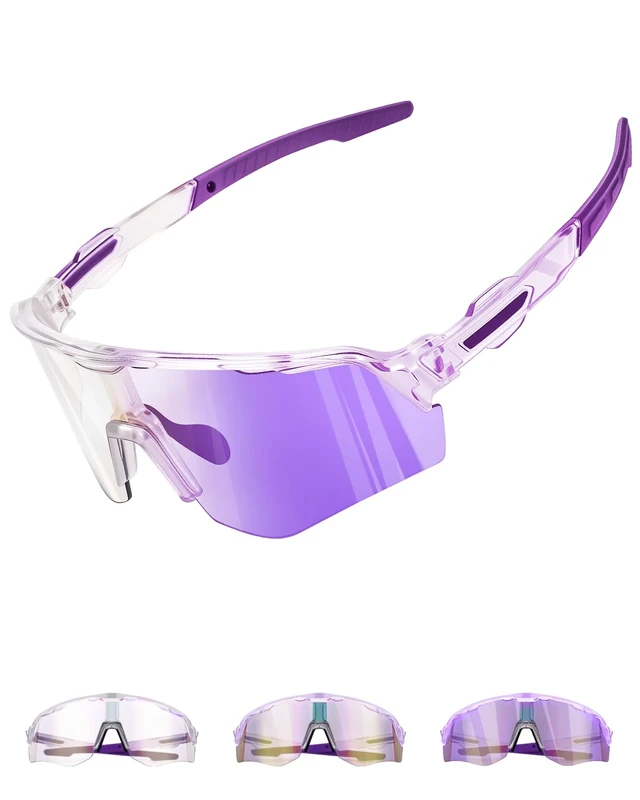 Winyoher Fahrradbrille Damen Selbsttönend,Photochrom Rahmen,Schnelle Sport Brille Sonnenbrille Herren, UV400 Laufbrille Für Beachvolleyball, Radfahren - Lila
