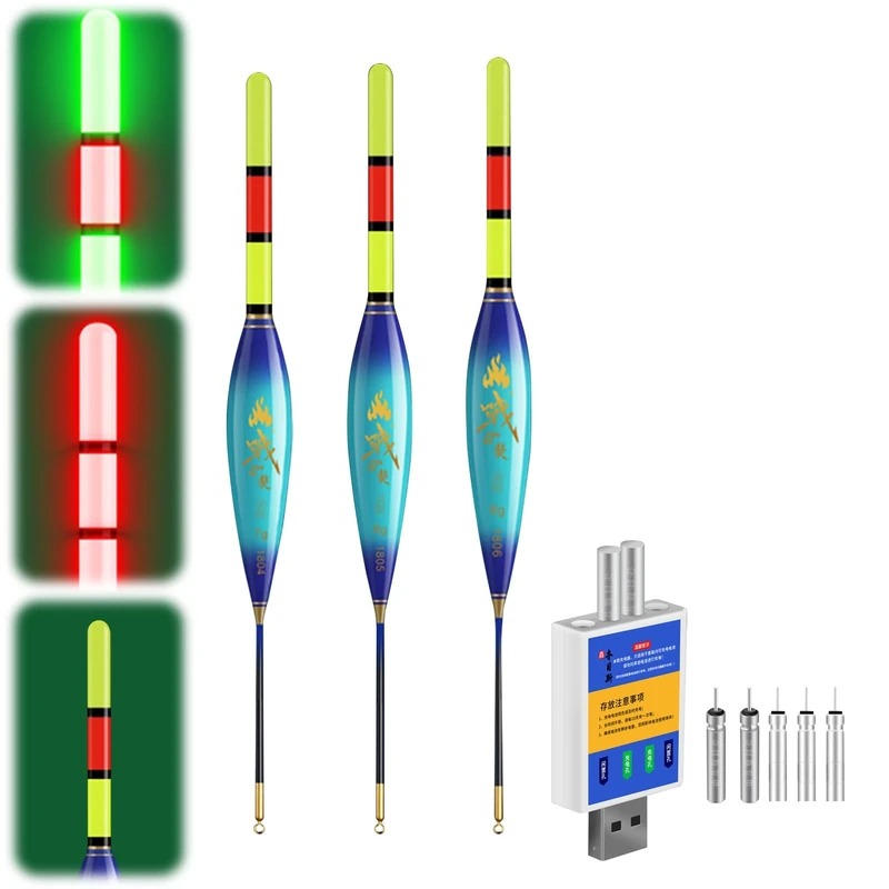 ACAREY LED Posen Angeln Set mit Bissanzeiger, Doppelfarbige Nachtfischboje, Leuchtposen Angel 4g/5g/6g/7g/8g/9g Tragkraft, Inkl. Batterien Ladegerät, Angelzubehör Für Fluss und See (5g/7g/9g-B)