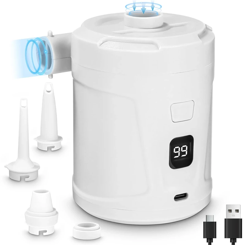 Elektrische Luftpumpe,5200mAh Wiederaufladbare Akku Luftpumpe,Mini Luftpumpe Elektrisch Inflator mit 3 Luftdüsen,Schnell Inflator für Schlauchboot/Luftmatratze/Planschbecken Pool Kinder (Weiß)