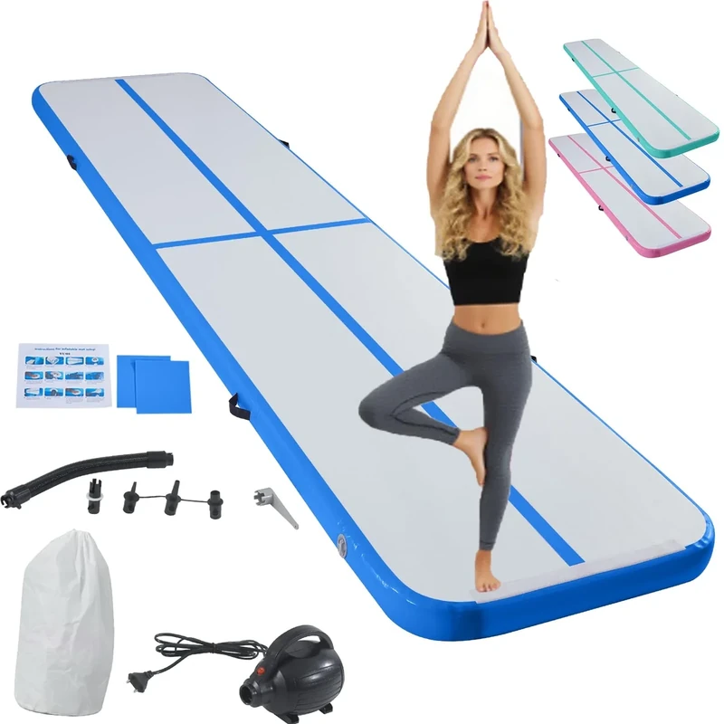 LSBIKE Air Matte Track, 3/4/5/6 M Tumbling Matte, Gymnastikmatte mit Luftpumpe, Trainingsmatte Turnmatte für Zuhause, Outdoor, Yoga, Übungsgymnastik usw, Rutschfest & wasserdicht (Blau, 6m/20ft)