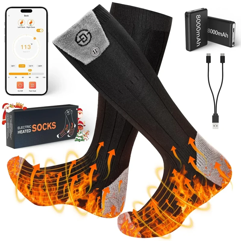 Beheizbare Socken, 8000mAh USB Wiederaufladbare Elektrische Beheizte Socken für Damen Herren, Thermosocken Fußwärmer Heizsocken mit APP-Steuerung Warme Winter Socks für Jagd Camping Wandern Skifahren