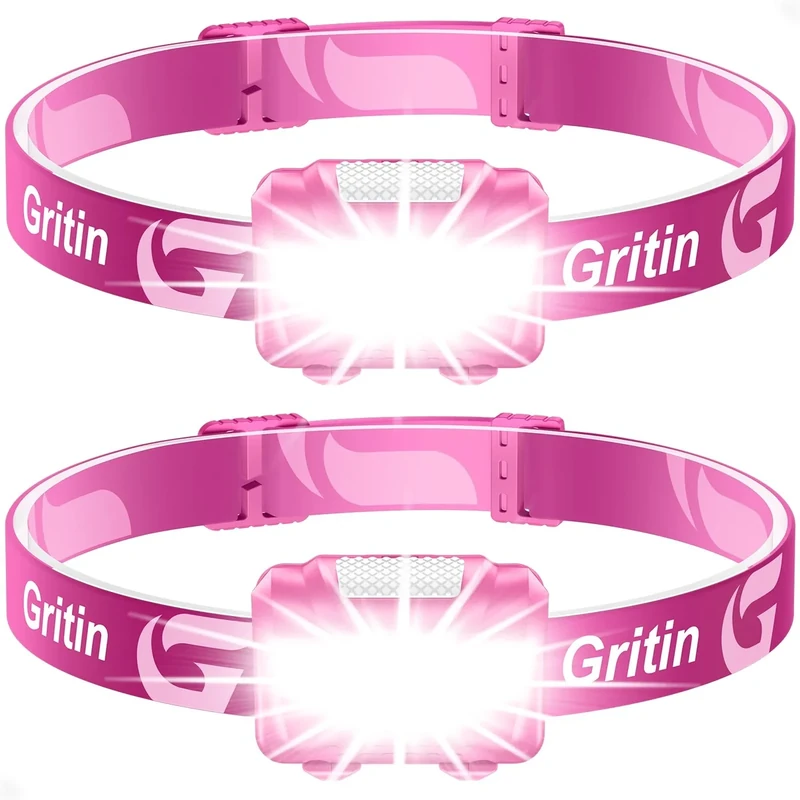 Gritin Stirnlampe LED, Superhell Kopflampe mit 3 Modi, IPX5 Wasserdichte Leichtgewichtige Mini Stirnlampe fürs Laufen, Campen, Joggen, Angeln, 2 Stück -Rosenrot