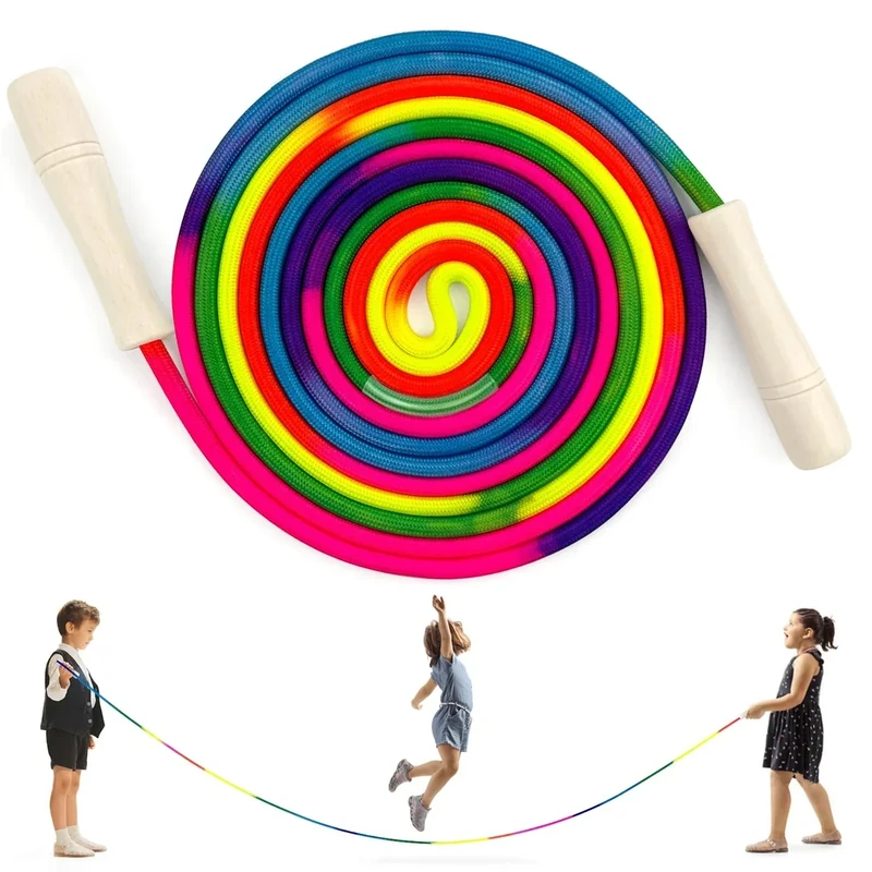 LeapBeast Springseil Kinder, 5M Verstellbare Seilspringen Kinder mit Holzgriff, Farbenfrohes Springseil für Mehrspieler für Kinders & Erwachsene (Holzgriff, 1 Stück)