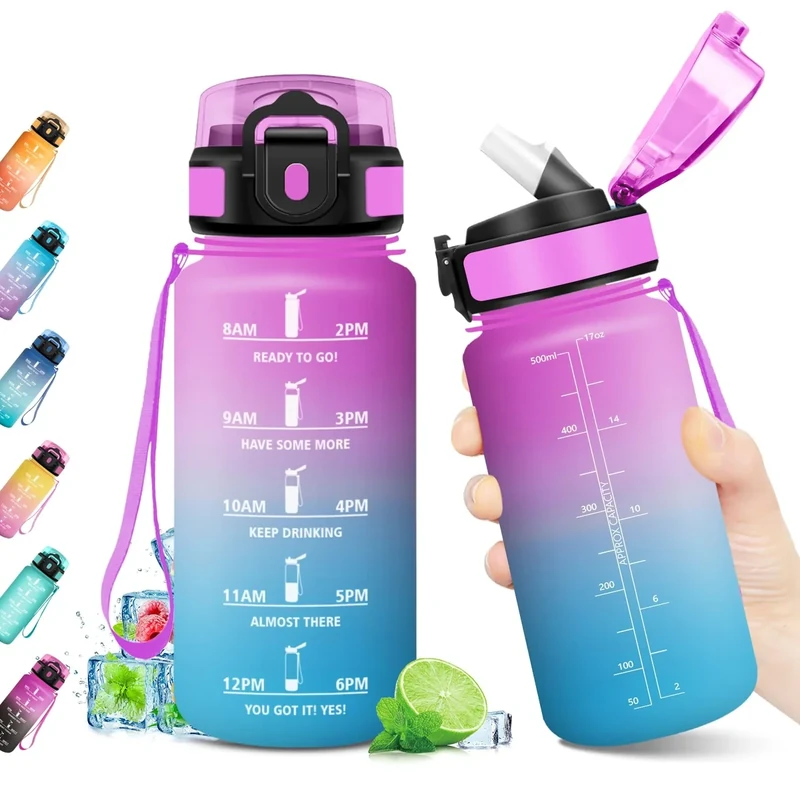 Trinkflasche 500ml, Trinkflasche Kohlensäure Geeignet, BPA-frei, Wasserflasche mit Strohhalm & Zeitmarkierung, Auslaufsicher, Sportflasche für Kinder, Gym, Camping, Wandern, Fahrrad, Yoga, Sport