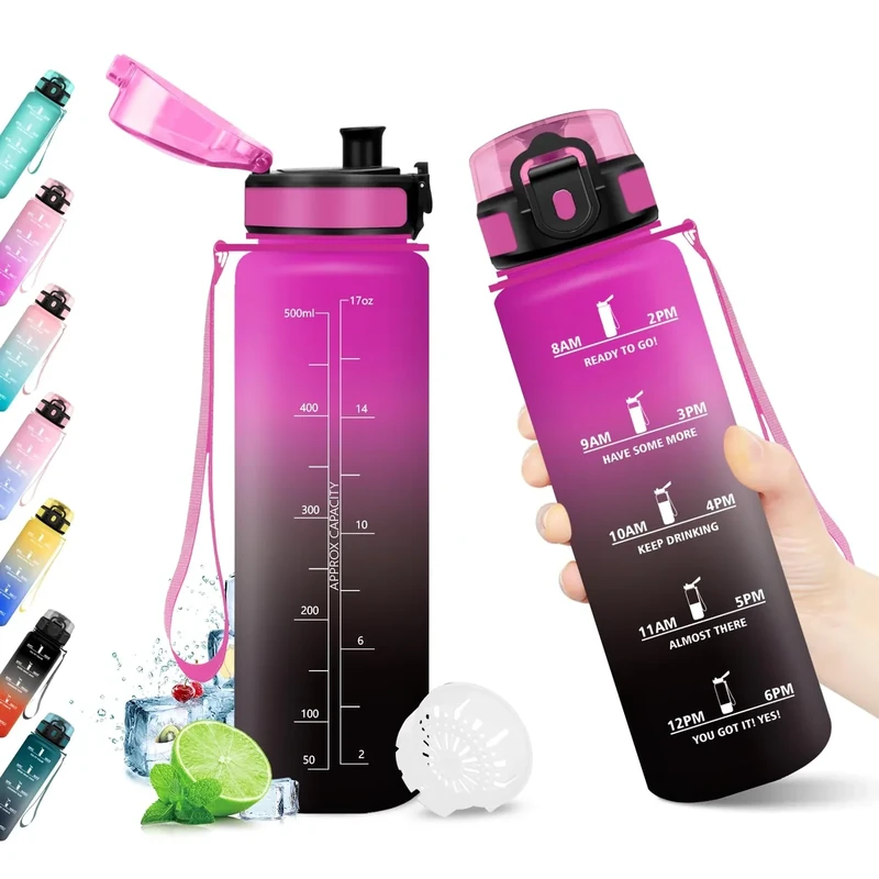 Trinkflasche 500ml, Wasserflasche mit Zeitmarkierung, Trinkflasche mit Filter, Auslaufsicher, BPA-frei, Sportflasche für Fitness, Fahrrad, Büro, Schule, Outdoor, Yoga, Erwachsene, Sprudel geeignet