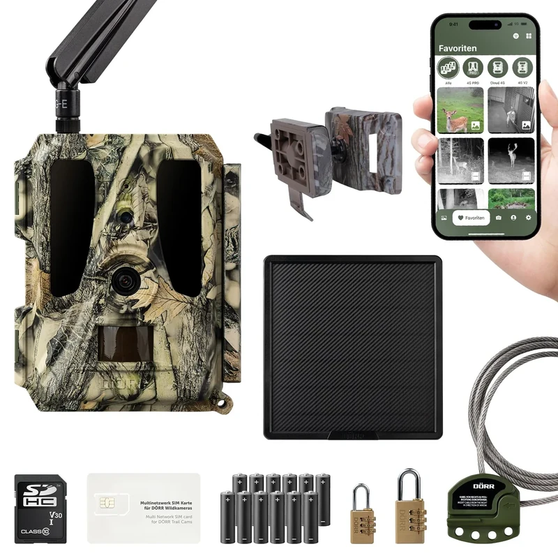 DÖRR Cloud Pro 4G Wildkamera, Überwachungskamera, 60°, Standard AA, Solar-Set 15000mAh, iOS & Android & Web App, 4G Bildübertragung, 24MP Bilder, Full HD 1080P Videos, Echtzeitmodus, Infrarot Blitz
