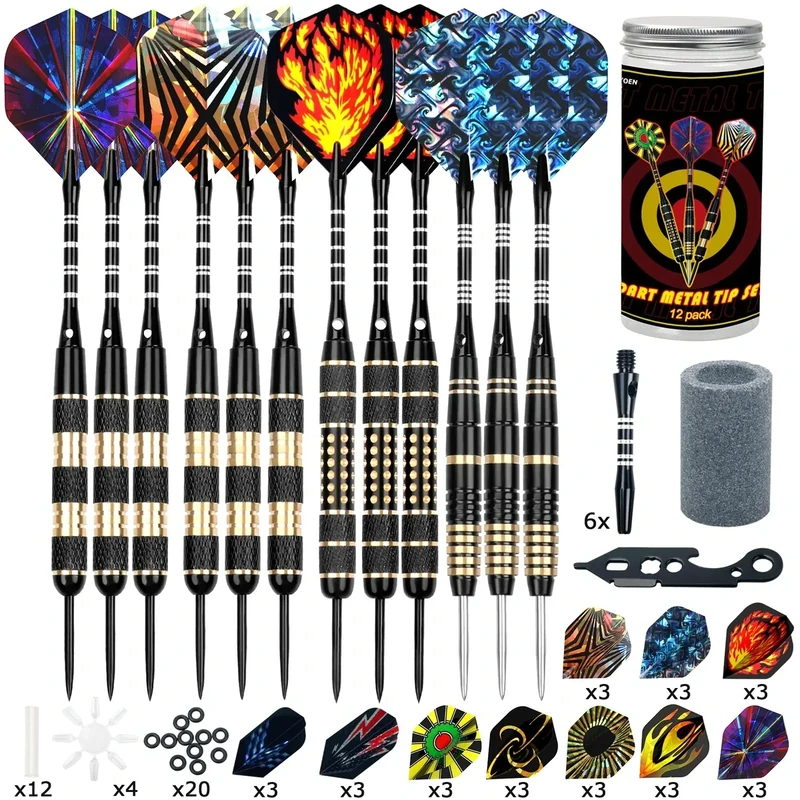 Alyoen 12 Stück Dartpfeile Metallspitze,20/24/26Gramm Profi Dartpfeile,Darts Sets mit Aluminium Schafts Flights Sharpener Beschützer Rubber O's Rings Multi Purpose Dart Tool