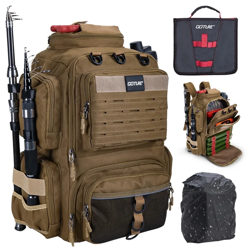 Goture Angelrucksack, 900D Oxford, 45-Liter-Angelgeräte-Rucksack Mit Softbait-Tasche, Rucksack mit Zwei Rutenhaltern und Regenschutz, Wasserabweisende Angelgerätetasche mit verstellbarem Fach