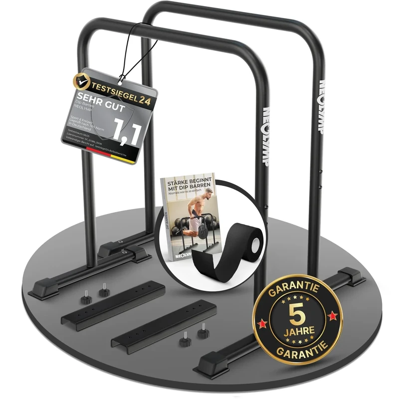 NEOLYMP Dip Barren Calisthenics Equipment – 400 kg belastbare Dip Station mit E-Book - verstellbare Breite – 90 cm Höhe mit rutschfesten Füßen – rostfreie Dip Stange Fitnessgeräte für Zuhause