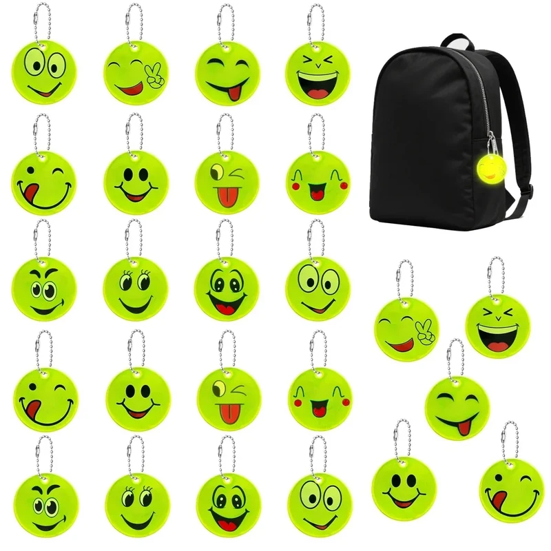 ESYFOR Sicherheits Reflektor Anhänger, 25 Stück Reflektoren Kinder Cute Emoticon Patterns Reflektoren Anhänger Schlüsselanhänger Kinder für Schultasche Rucksack Radfahren Gehen Laufen