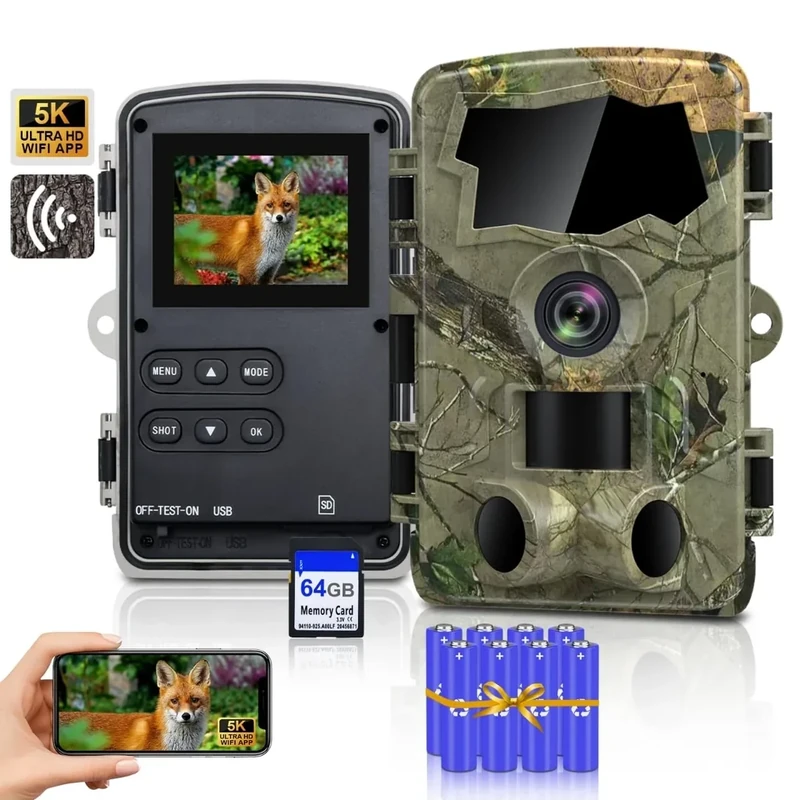 Lutranstra 5K Wildkamera WLAN, 64MP Full HD Wildkamera mit Handyübertragung App, Infrarot Wildtierkamera mit 64G SD Karte & 8*AA-Batterien, Bewegungssensor, Nachtsicht, 0,1s Auslösezeit, IP66