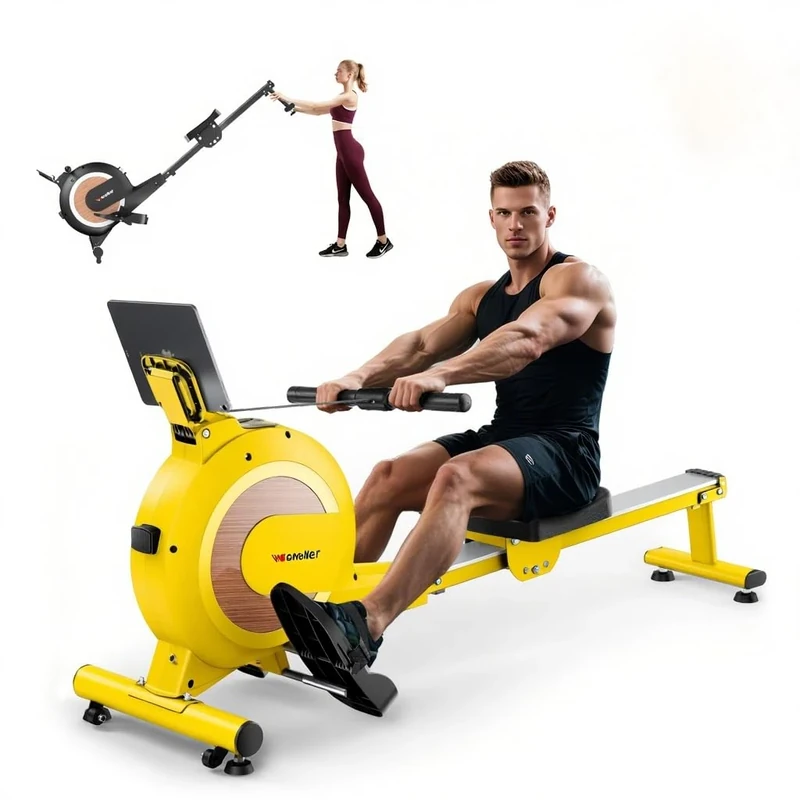 Wenoker Rudergerät für Zuhause, Magnetisches Rudergerät mit APP & LCD-Display, 32 Widerstandsstufen, Leises Heimrudergerät für Cardio-Training, 160 kg Belastbarkeit, Vertikal Verstaubar - Gelb