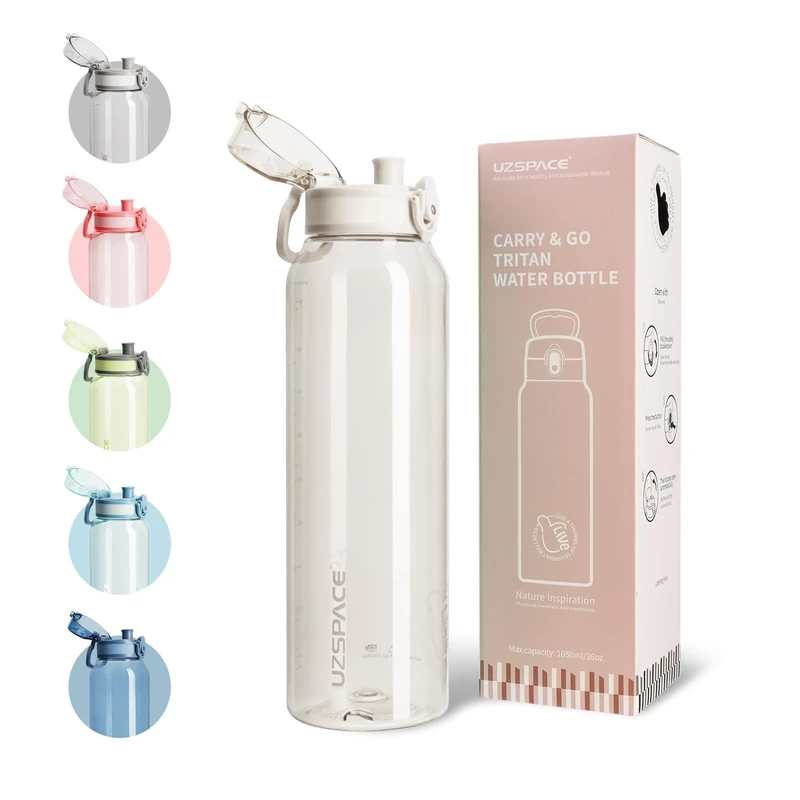 UZSPACE Trinkflasche Sport 1L, Tritan Bpa-Frei Trinkflasche Auslaufsicher mit Einhandbedienung, Kohlensäure Geeignet, Spülmaschinenfest, Wasserflasche für Gym Frauen Yoga, Frostweiß