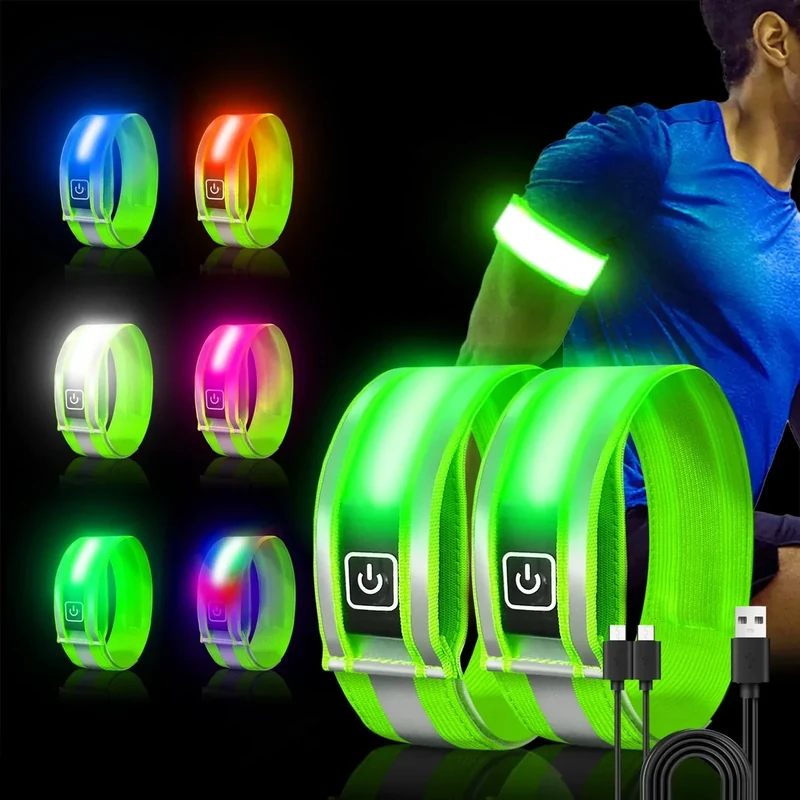 ocuvaep 2025 Led Armband Aufladbar, 2 Stück Reflective LED Leuchtarmband, 5 Farben 3 Lichtmodi Leuchtbänder USB Reflektorband, Running Reflektoren Armbänder für Running Joggen Radfahren